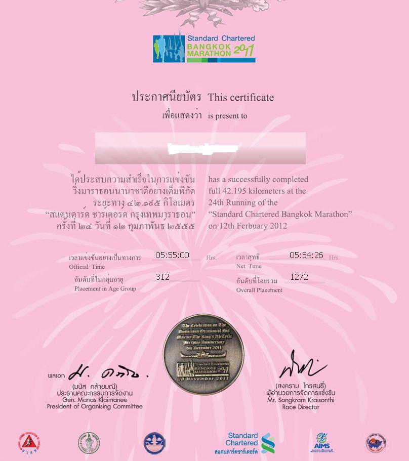 My Certificate Standard Chartered Bangkok Marathon 2010 (Full Marathon