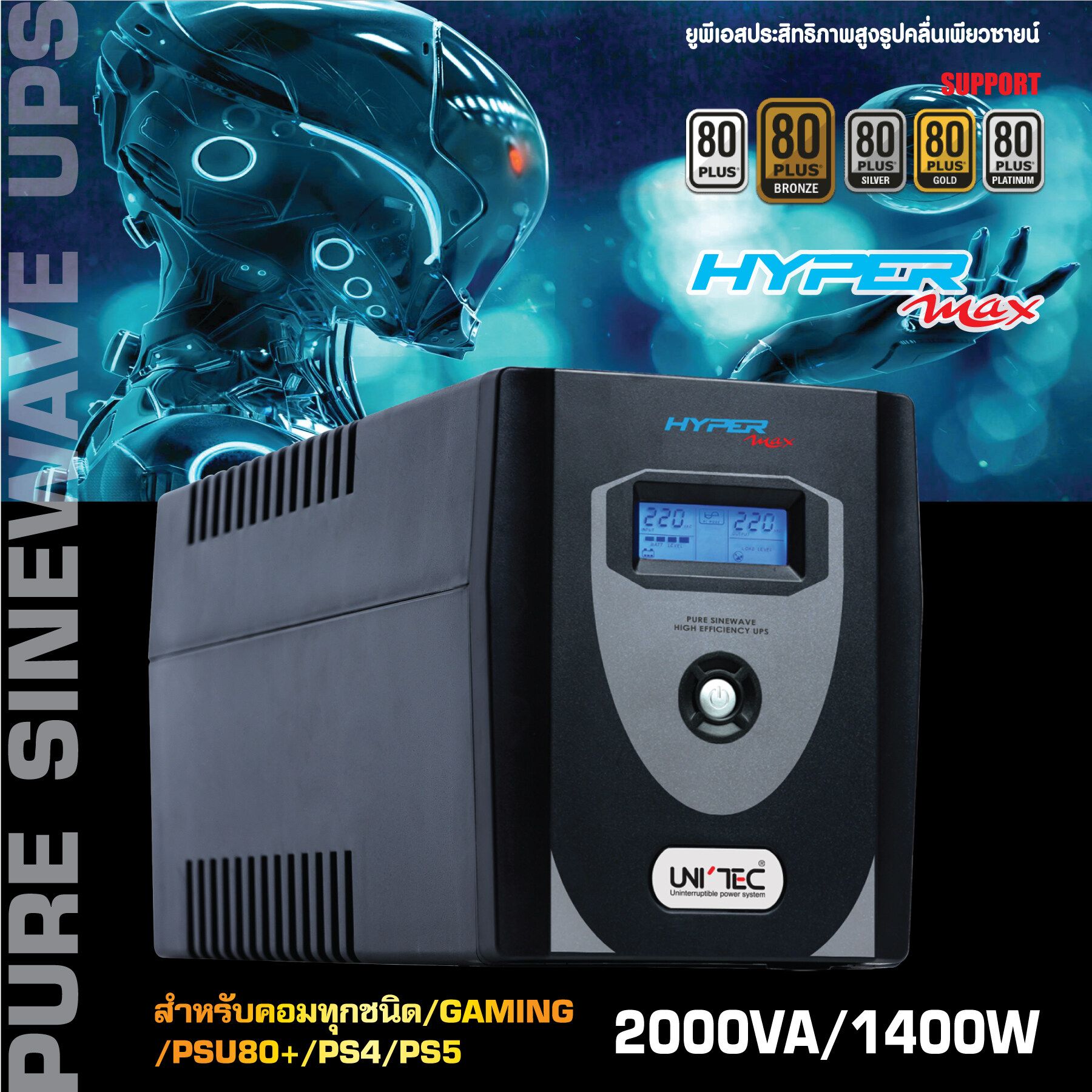 HYPERMAX-2000VA/1400W ซายน์เวฟ เครื่องสำรองไฟ สำหรับคอมเกมมิ่ง/คอมประกอบ/PSU80+/GAMING/iMac,PS4/PS5 20-40นาที