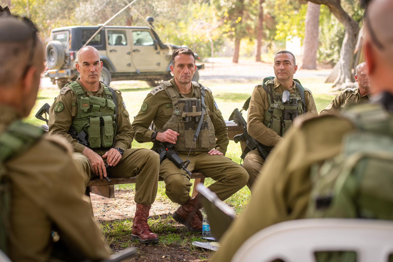 IDF Chief of Staff Lt. Gen. Herzi Halevi (center) speaks to commanders of the 146th Division in northern Israel, October 23, 2023. (Israel Defense Forces)