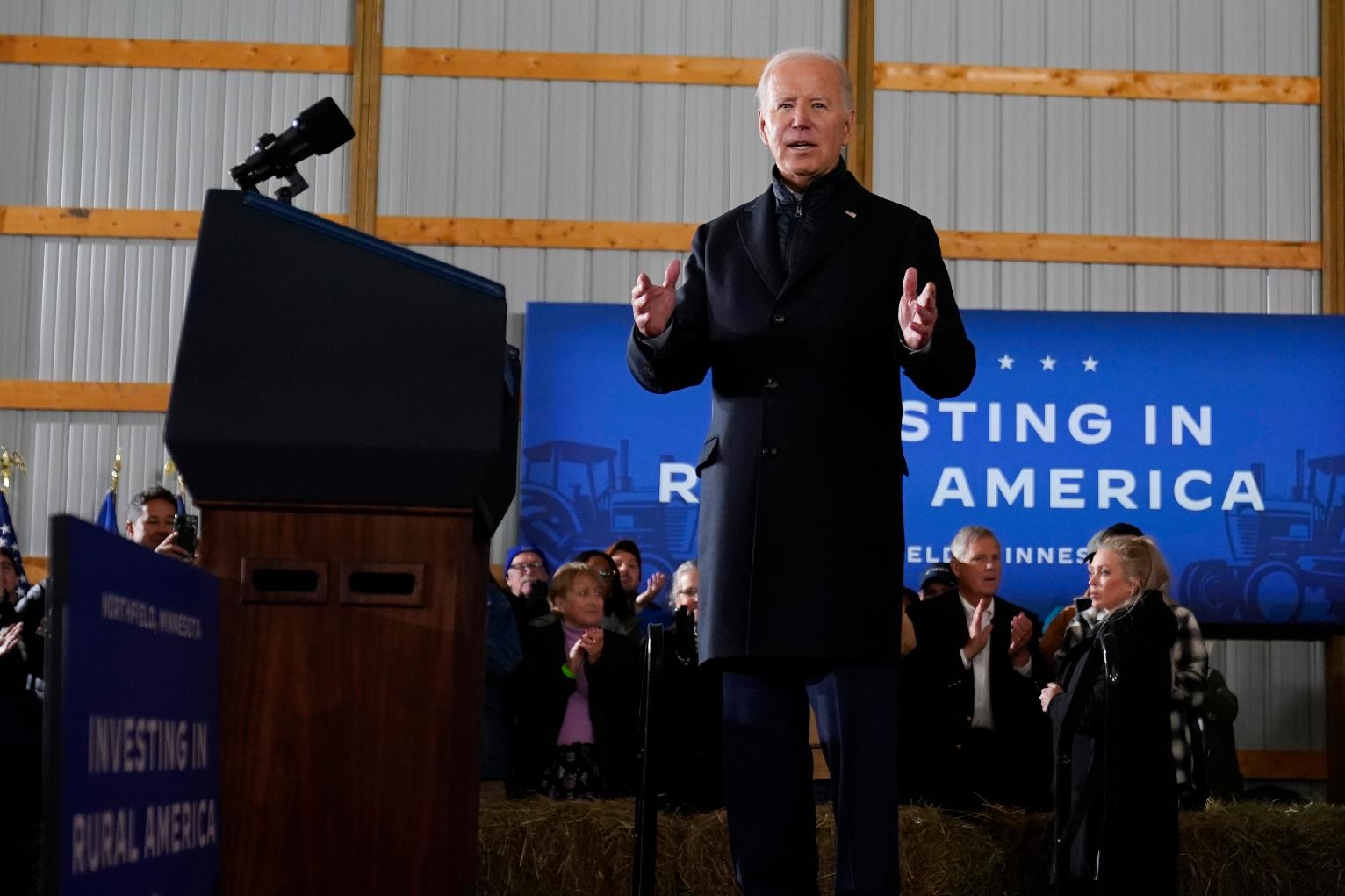 President Joe Biden speaks at Dutch Creek Farms in Northfield, Minn., Wednesday, Nov. 1, 2023. (AP Photo/Andrew Harnik)ANDREW HARNIK