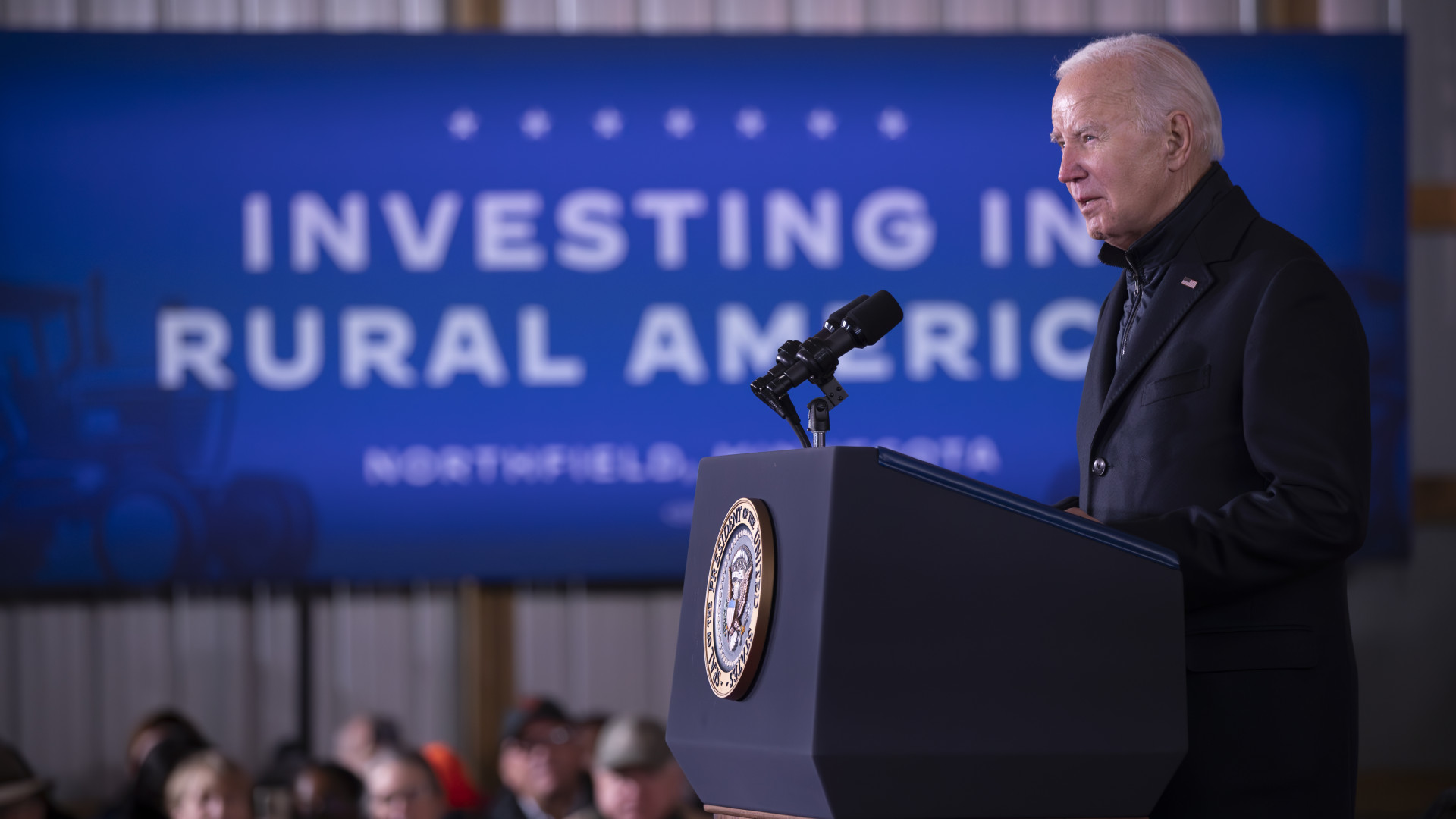 President Biden speaking at the Dutch Creek Farms as he kicked off his Rural Investment Tour in Northfield, Minn. on  on Nov. 1, 2023. CHRISTOPHER MARK JUHN / ANADOLU VIA GETTY IMAGES
