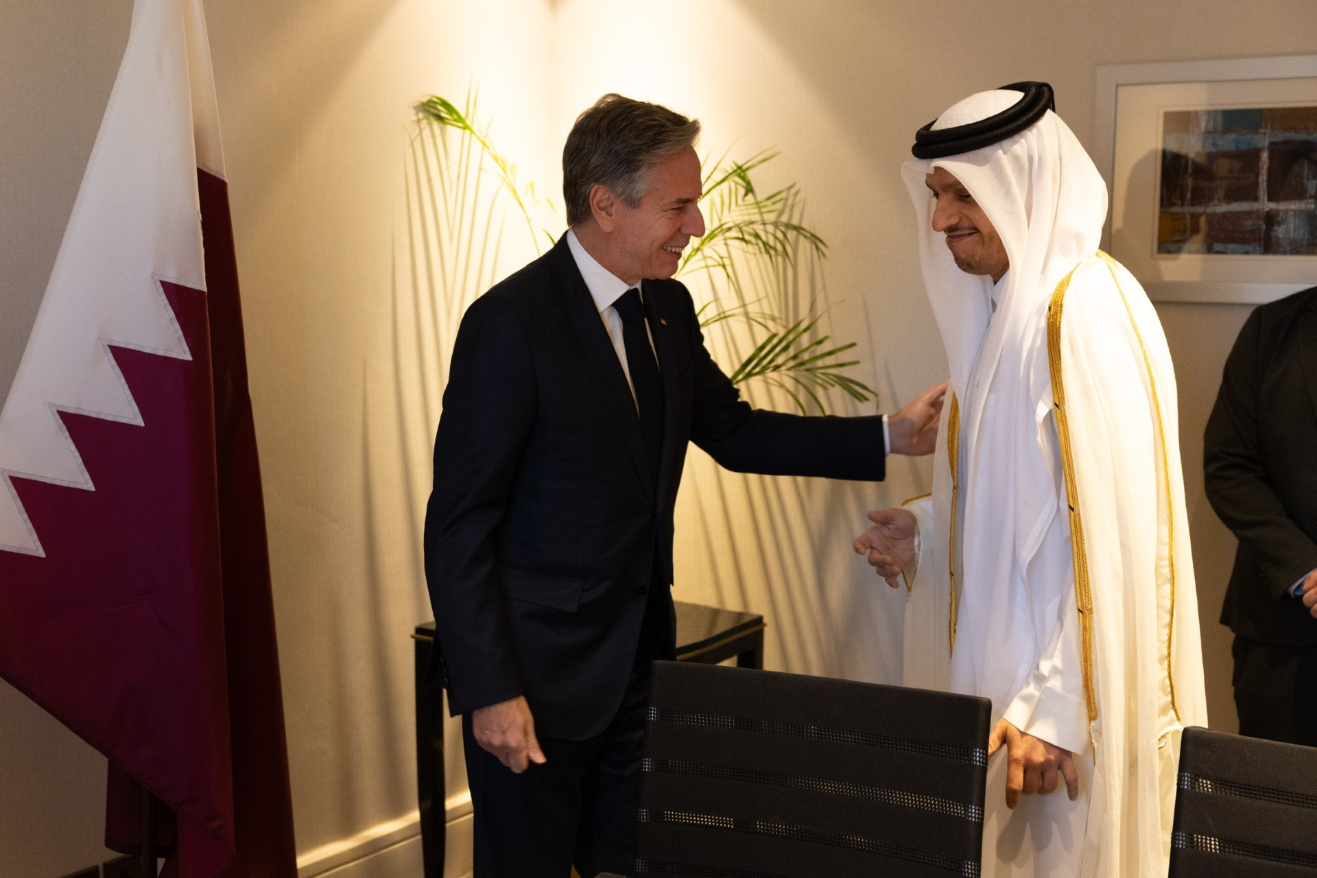 Secretary Antony Blinken @SecBlinken 5 .. 2023 Prime Minister  @MBA_AlThani_  and I discussed the critical need to protect civilians and increase humanitarian aid for Palestinians. I expressed my gratitude for Qatars work to secure the exit of U.S. citizens and foreign nationals from Gaza and release of hostages held by Hamas.