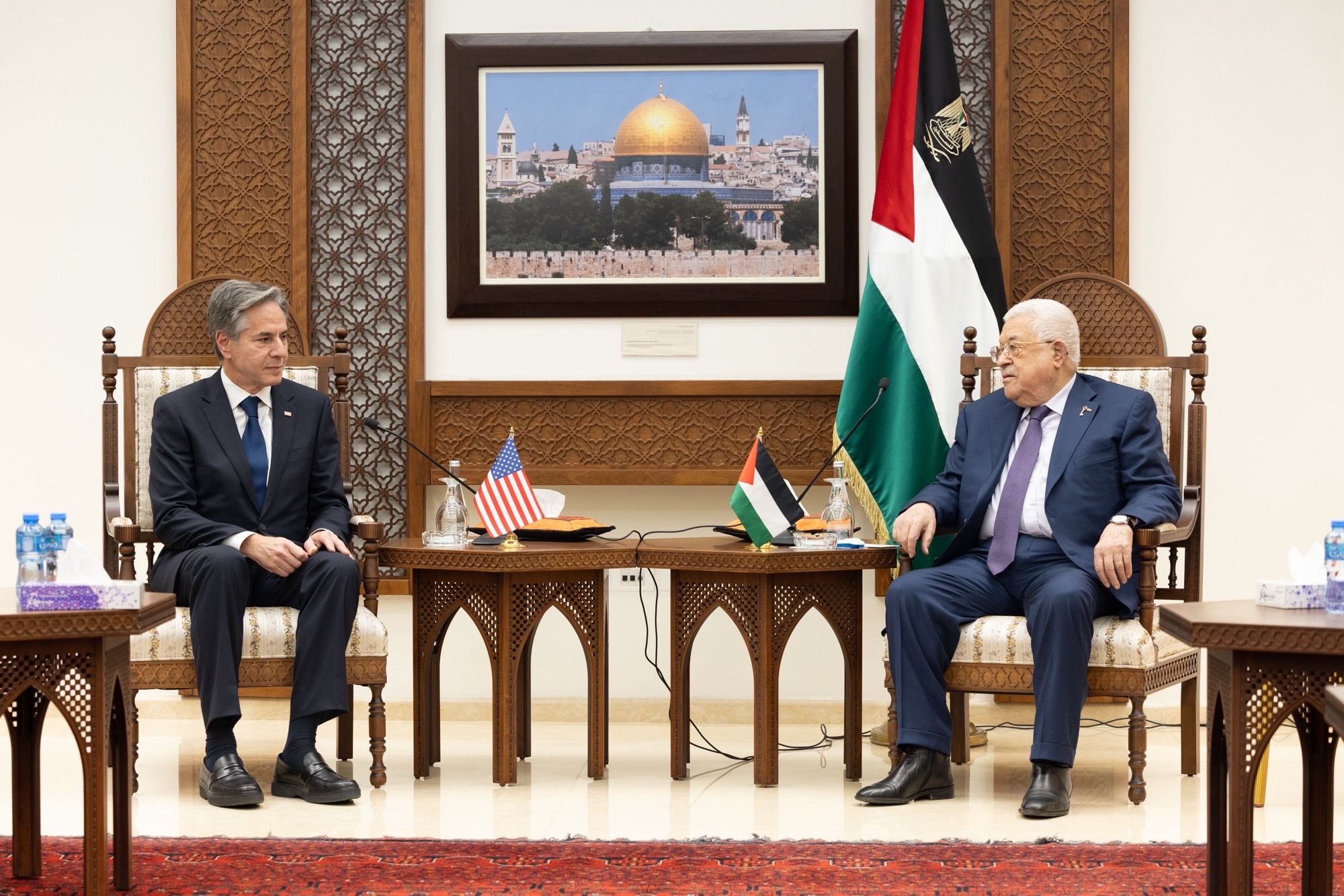Secretary Antony Blinken @SecBlinken  5 .. 2023 Met with President Abbas and affirmed our commitment to delivery of humanitarian assistance and restoration of essential services in Gaza. Made clear that extremist violence against Palestinians in the West Bank must end and reiterated our support for a two state solution.