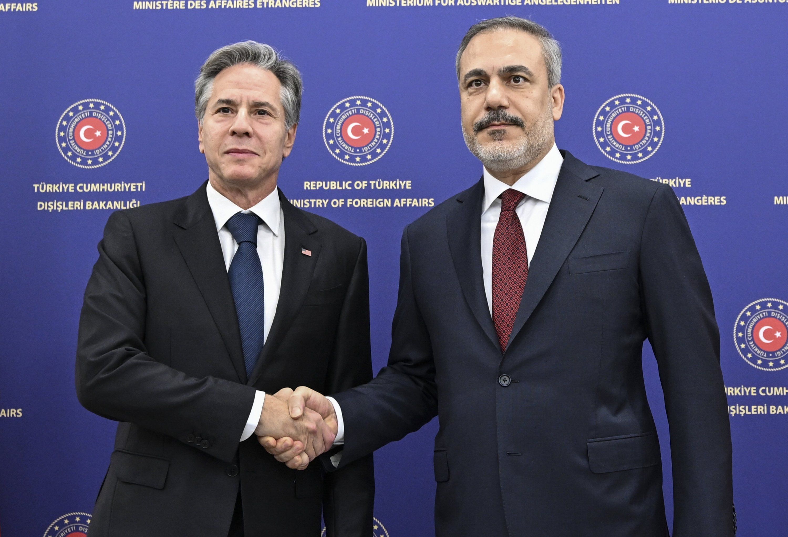 Foreign Minister Hakan Fidan (R) shakes hands with U.S. Secretary of State Antony Blinken ahead of a one-on-one meeting in the Turkish capital, Ankara, Türkiye, Nov. 6, 2023. (AA Photo)