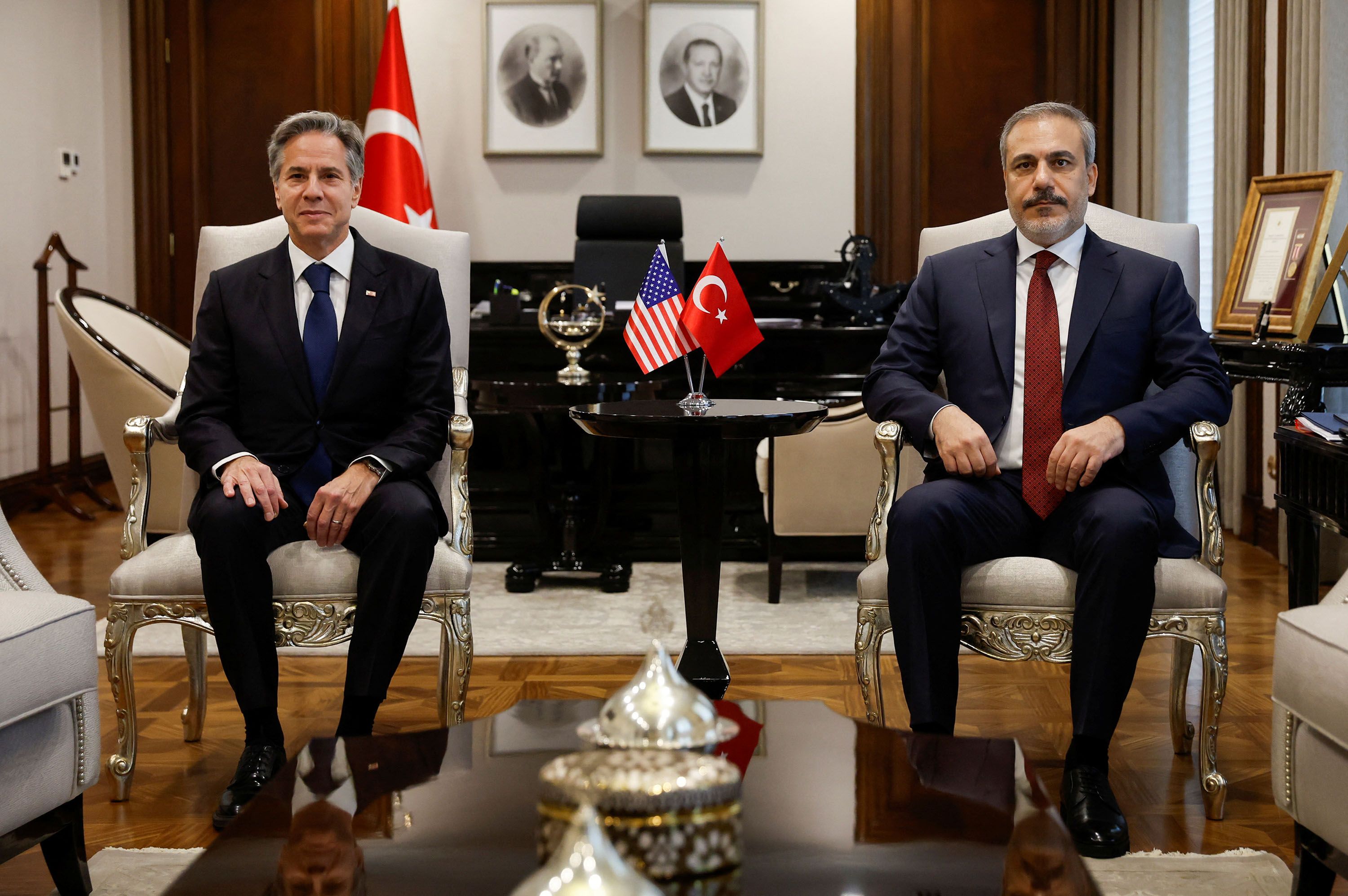US Secretary of State Antony Blinken meets with Turkish Foreign Minister Hakan Fidan at the Ministry of Foreign Affairs in Ankara, Turkey, on Monday, November 6. Jonathan Ernst/Pool/Reuters