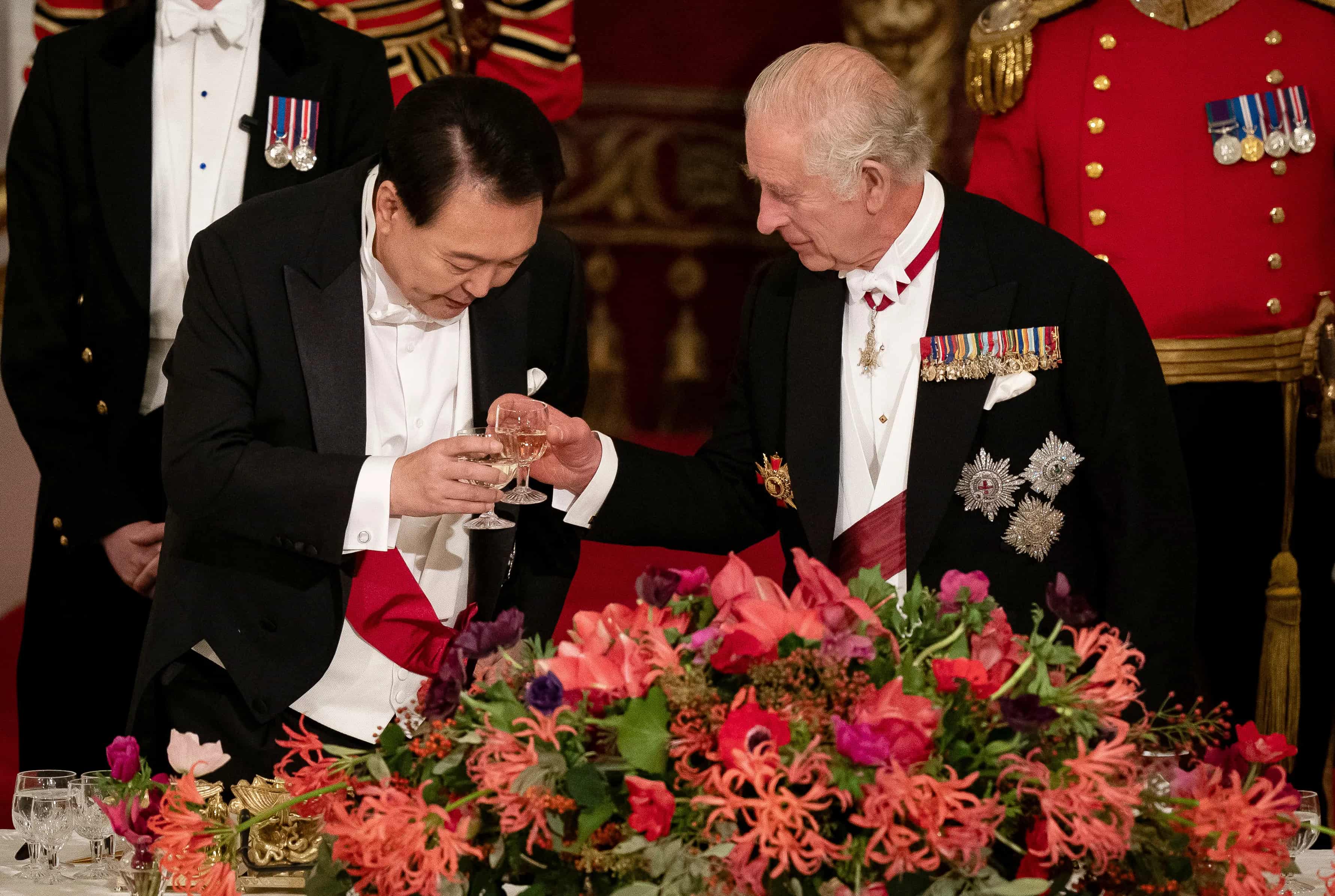 2 of 4 | President of South Korea Yoon Suk Yeol and King Charles III during a toast at the state banquet at Buckingham Palace, London, Tuesday, Nov. 21, 2023 for the state visit to the UK by President of South Korea Yoon Suk Yeol and his wife Kim Keon Hee. (Aaron Chown/Pool Photo via AP)