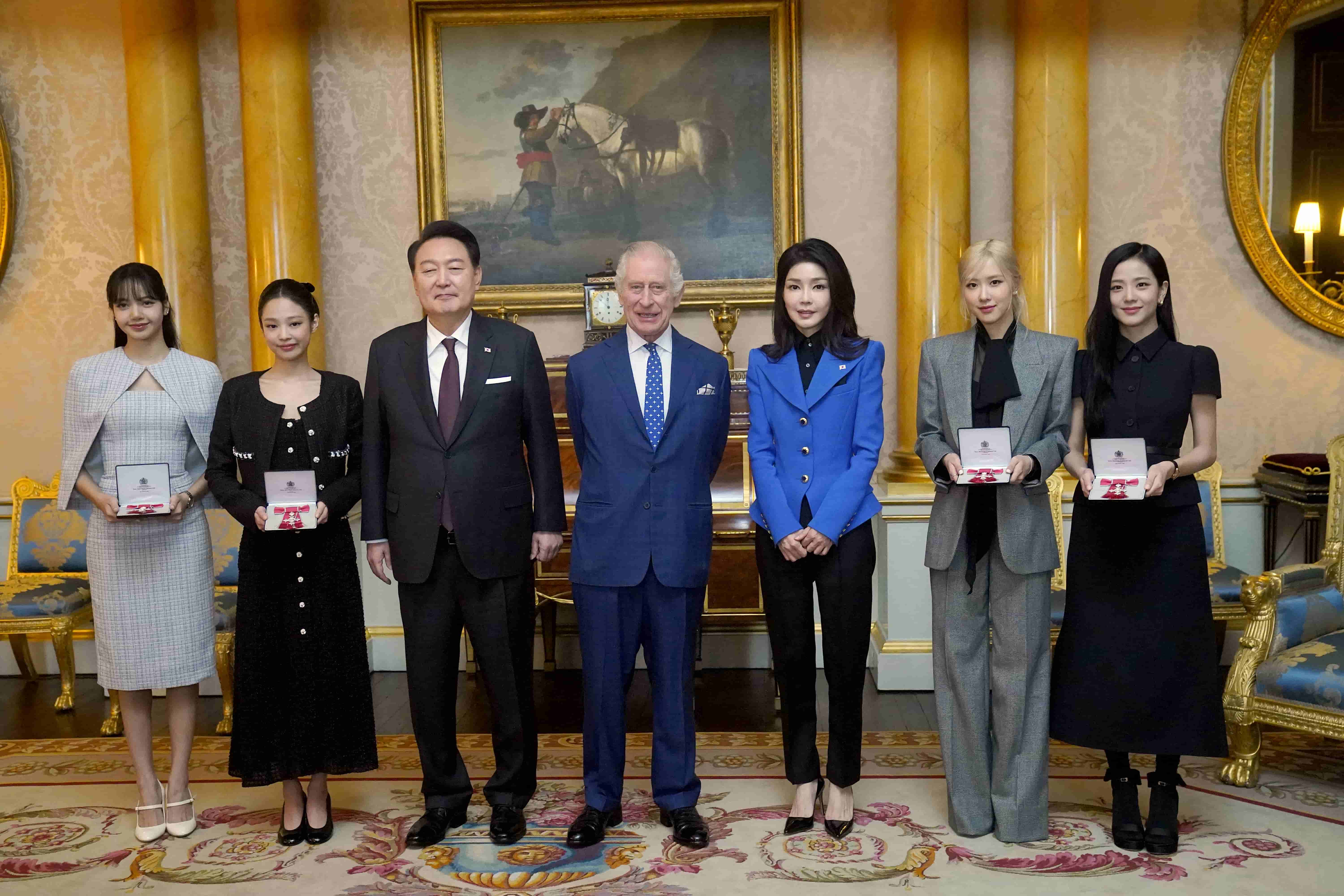 The women were joined by South Koreas president, Yoon Suk Yeol, and his wife, Kim Keon Hee, for the ceremony. Getty Images