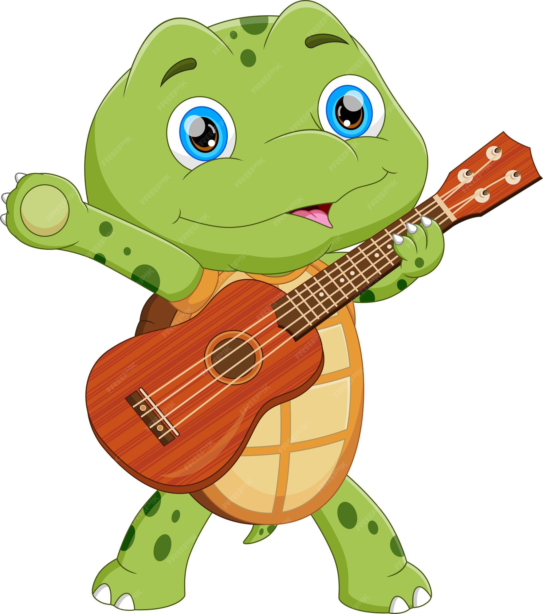 Cartoon green turtle playing guitar | freepik - lawangdesign